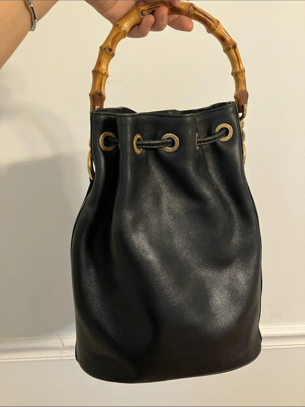 Gucci Black Leather Drawstring Bucket Bag with Bamboo Handle